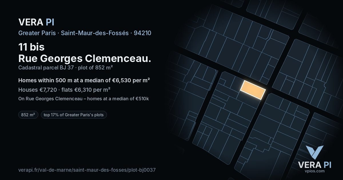 11 bis Rue Georges Clemenceau, Saint-Maur-des-Fossés at night – the plot lit, the parcels around coloured by the prices near them