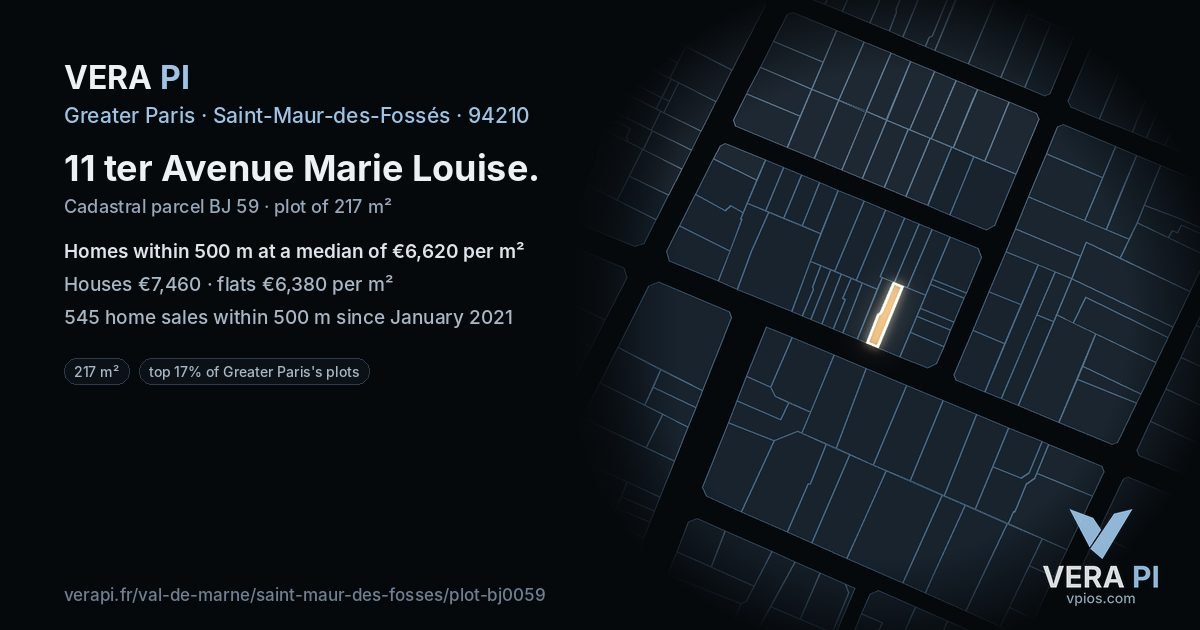 11 ter Avenue Marie Louise, Saint-Maur-des-Fossés at night – the plot lit, the parcels around coloured by the prices near them