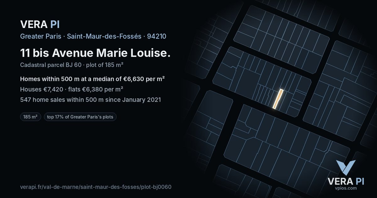 11 bis Avenue Marie Louise, Saint-Maur-des-Fossés at night – the plot lit, the parcels around coloured by the prices near them