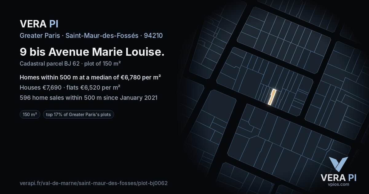 9 bis Avenue Marie Louise, Saint-Maur-des-Fossés at night – the plot lit, the parcels around coloured by the prices near them