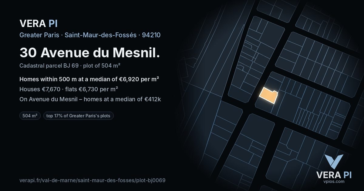 30 Avenue du Mesnil, Saint-Maur-des-Fossés at night – the plot lit, the parcels around coloured by the prices near them