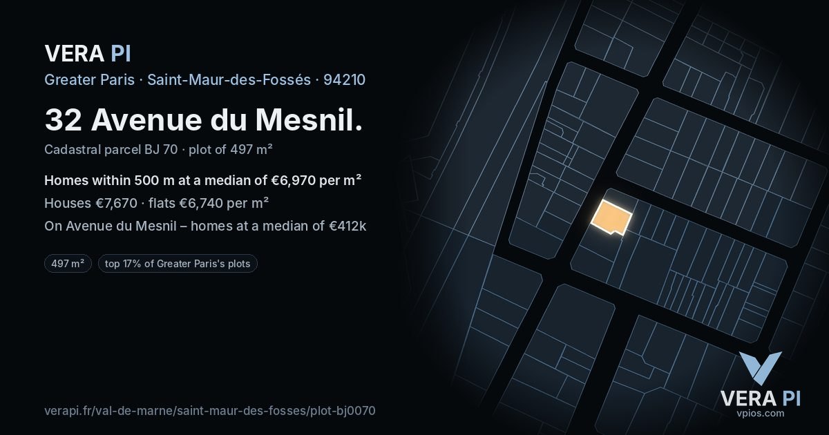 32 Avenue du Mesnil, Saint-Maur-des-Fossés at night – the plot lit, the parcels around coloured by the prices near them