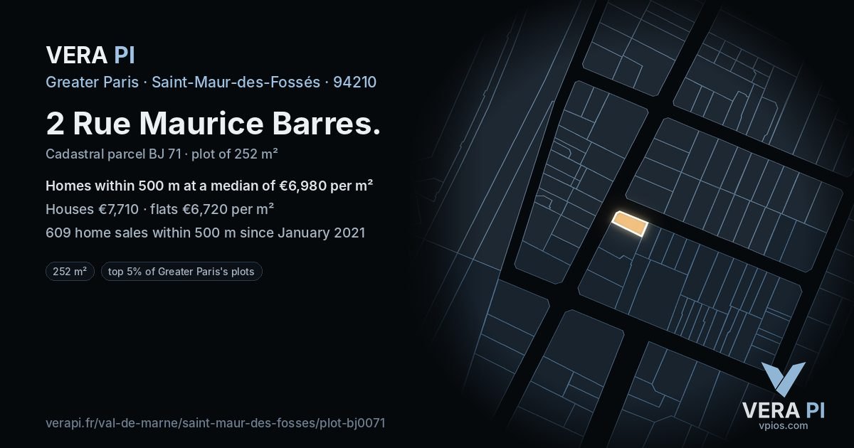 2 Rue Maurice Barres, Saint-Maur-des-Fossés at night – the plot lit, the parcels around coloured by the prices near them
