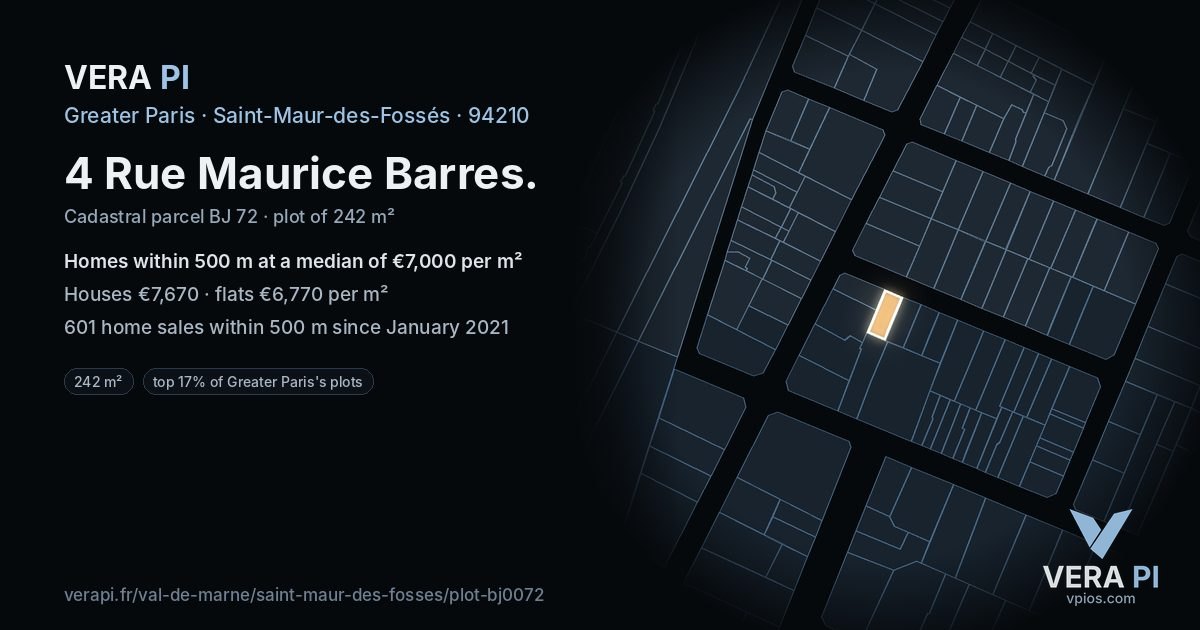 4 Rue Maurice Barres, Saint-Maur-des-Fossés at night – the plot lit, the parcels around coloured by the prices near them