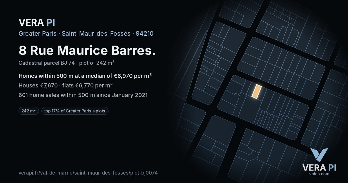8 Rue Maurice Barres, Saint-Maur-des-Fossés at night – the plot lit, the parcels around coloured by the prices near them