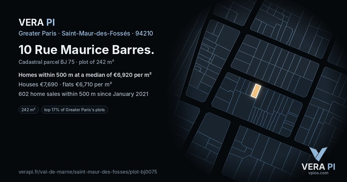 10 Rue Maurice Barres, Saint-Maur-des-Fossés at night – the plot lit, the parcels around coloured by the prices near them