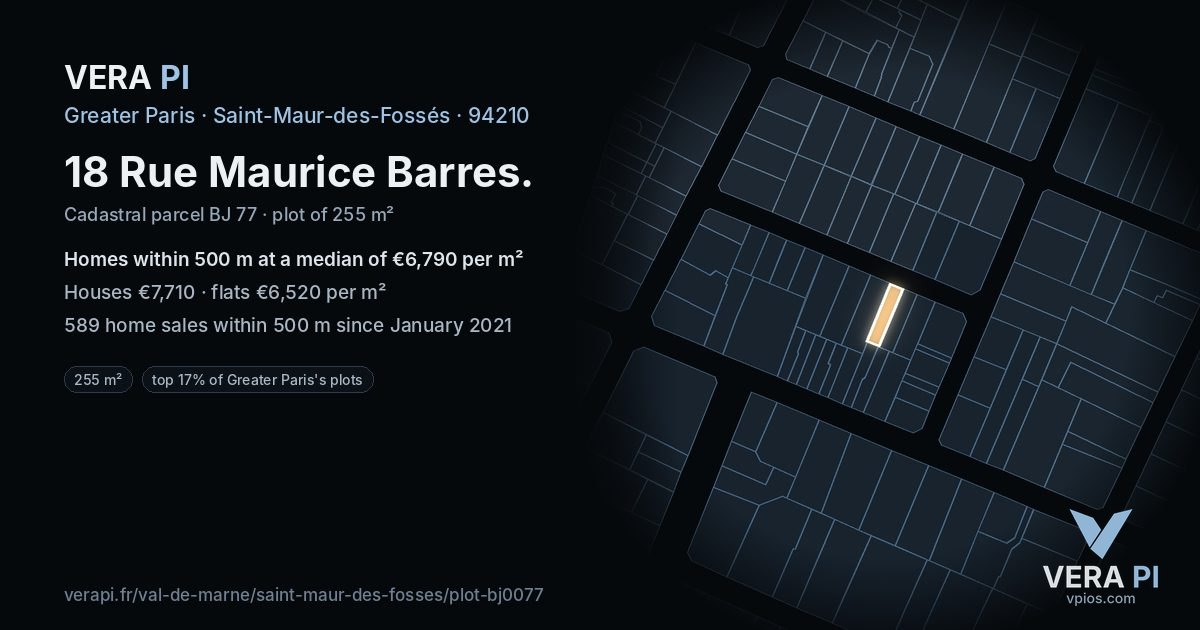 18 Rue Maurice Barres, Saint-Maur-des-Fossés at night – the plot lit, the parcels around coloured by the prices near them