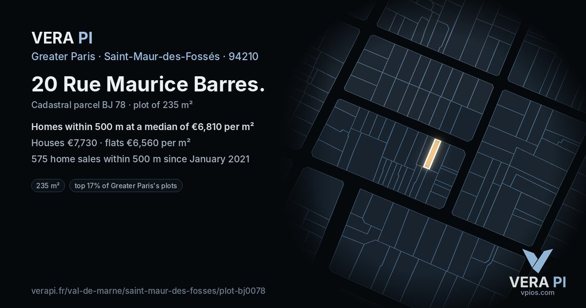 20 Rue Maurice Barres, Saint-Maur-des-Fossés at night – the plot lit, the parcels around coloured by the prices near them