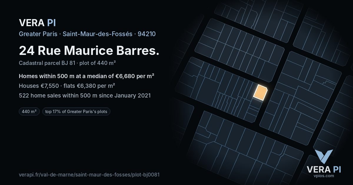 24 Rue Maurice Barres, Saint-Maur-des-Fossés at night – the plot lit, the parcels around coloured by the prices near them