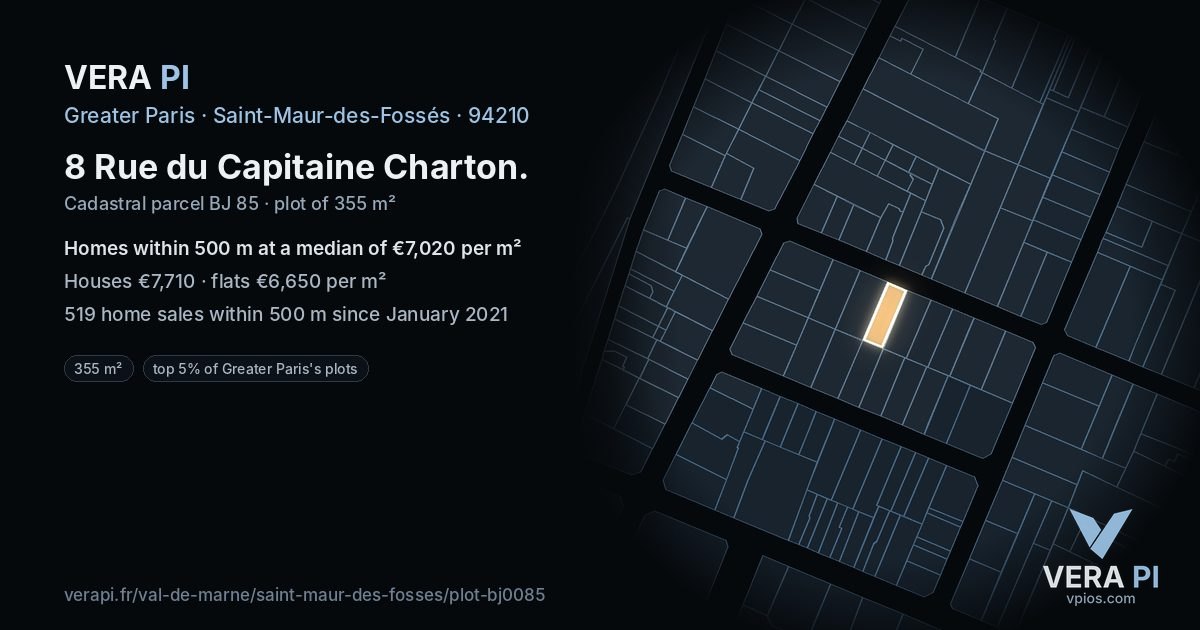 8 Rue du Capitaine Charton, Saint-Maur-des-Fossés at night – the plot lit, the parcels around coloured by the prices near them