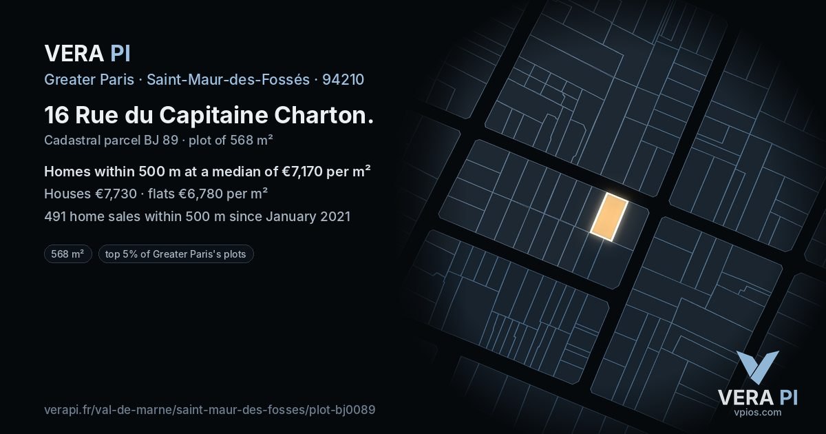 16 Rue du Capitaine Charton, Saint-Maur-des-Fossés at night – the plot lit, the parcels around coloured by the prices near them