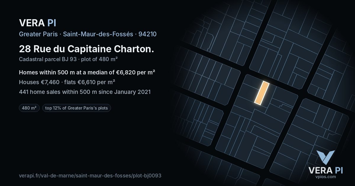 28 Rue du Capitaine Charton, Saint-Maur-des-Fossés at night – the plot lit, the parcels around coloured by the prices near them