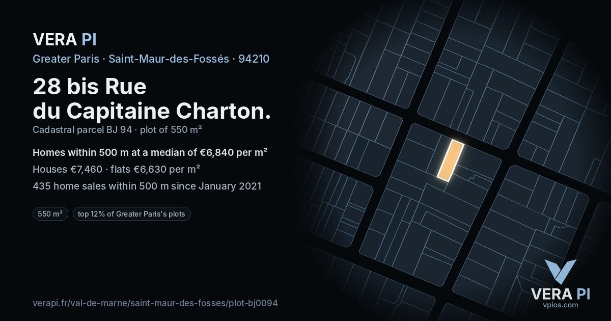 28 bis Rue du Capitaine Charton, Saint-Maur-des-Fossés at night – the plot lit, the parcels around coloured by the prices near them
