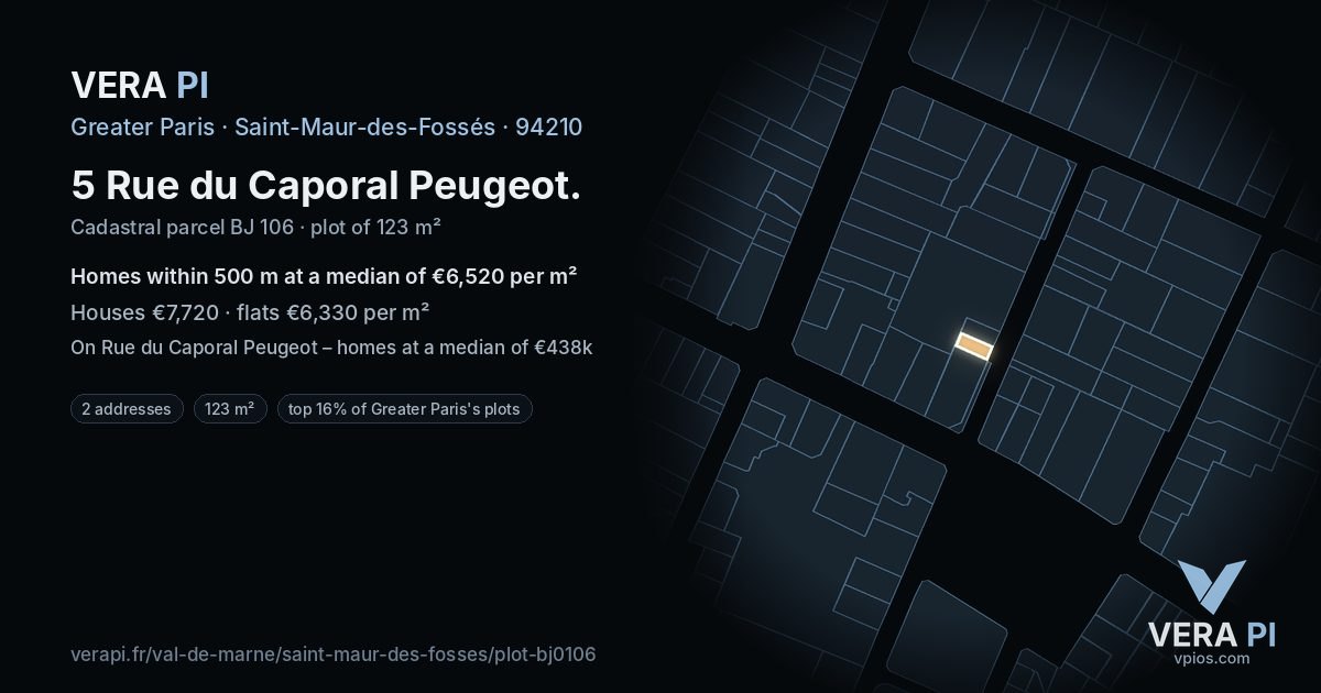 5 Rue du Caporal Peugeot, Saint-Maur-des-Fossés at night – the plot lit, the parcels around coloured by the prices near them
