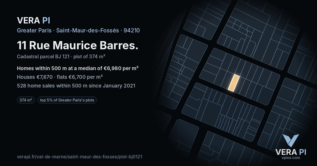 11 Rue Maurice Barres, Saint-Maur-des-Fossés at night – the plot lit, the parcels around coloured by the prices near them
