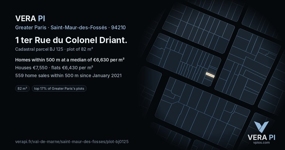 1 ter Rue du Colonel Driant, Saint-Maur-des-Fossés at night – the plot lit, the parcels around coloured by the prices near them