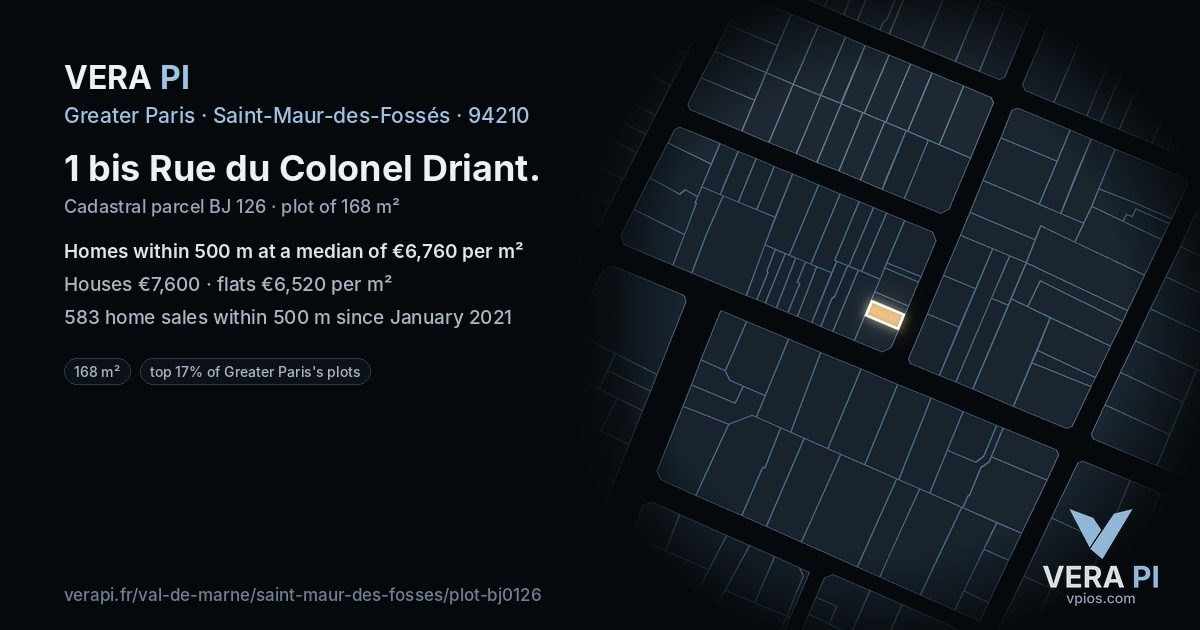 1 bis Rue du Colonel Driant, Saint-Maur-des-Fossés at night – the plot lit, the parcels around coloured by the prices near them