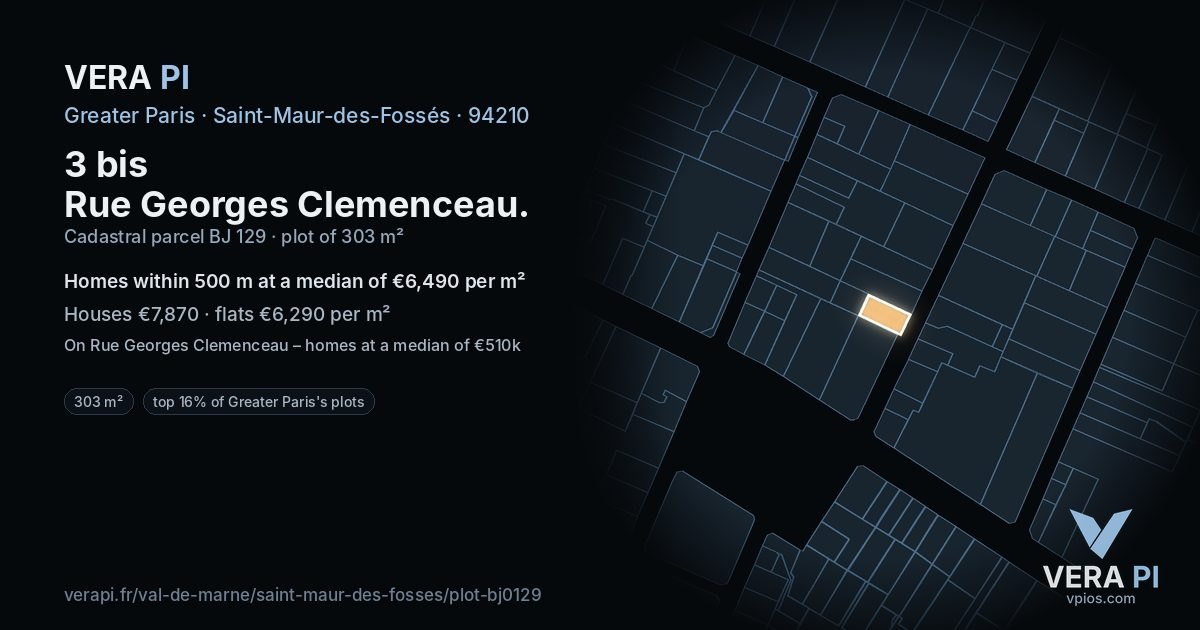 3 bis Rue Georges Clemenceau, Saint-Maur-des-Fossés at night – the plot lit, the parcels around coloured by the prices near them