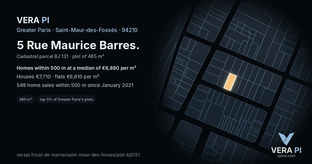 5 Rue Maurice Barres, Saint-Maur-des-Fossés at night – the plot lit, the parcels around coloured by the prices near them