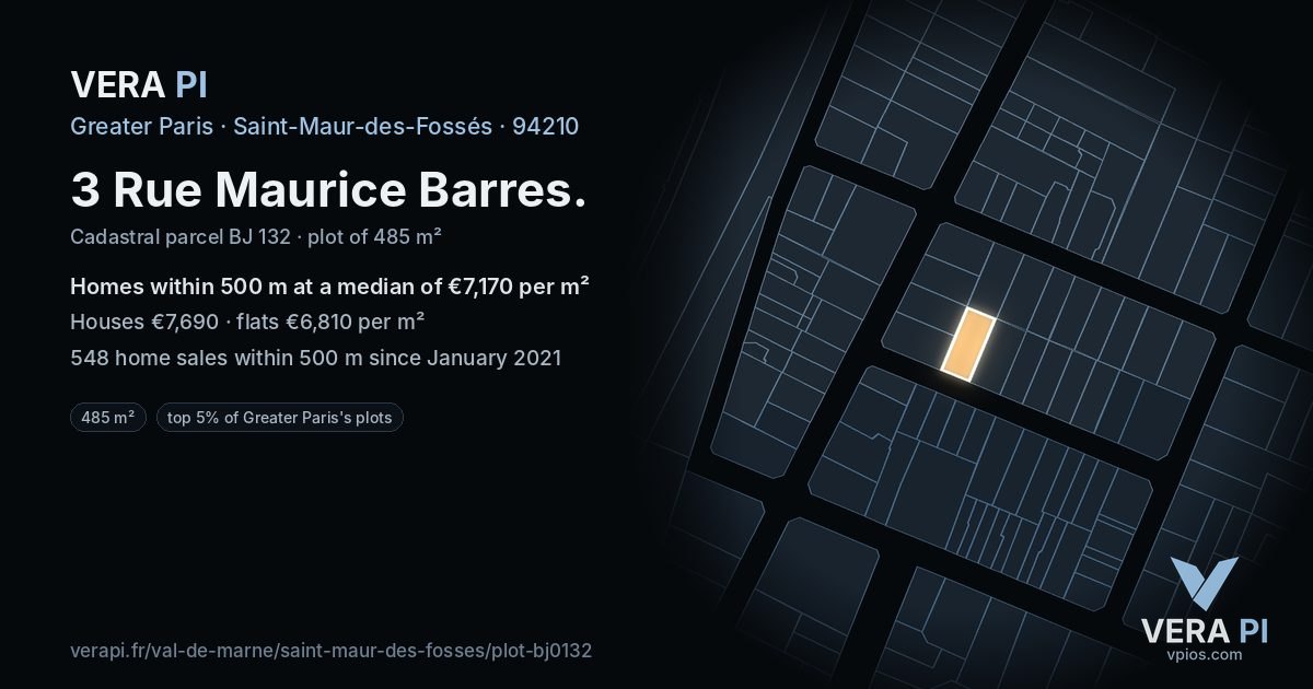3 Rue Maurice Barres, Saint-Maur-des-Fossés at night – the plot lit, the parcels around coloured by the prices near them