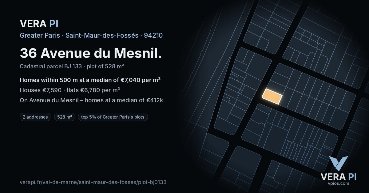 36 Avenue du Mesnil, Saint-Maur-des-Fossés at night – the plot lit, the parcels around coloured by the prices near them