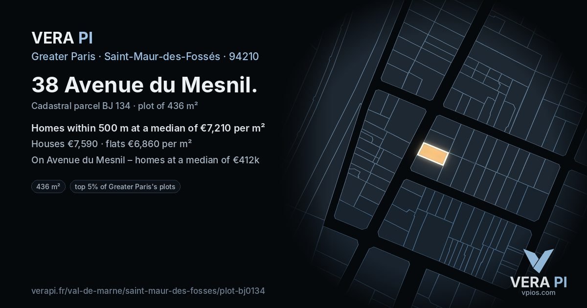 38 Avenue du Mesnil, Saint-Maur-des-Fossés at night – the plot lit, the parcels around coloured by the prices near them