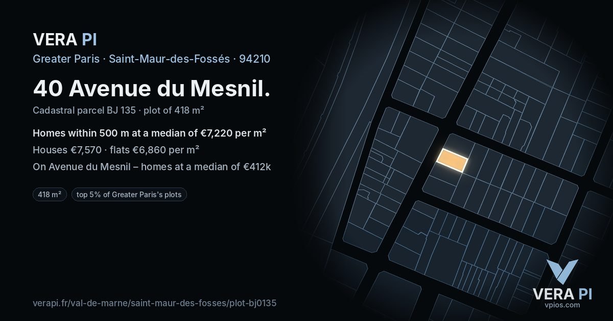 40 Avenue du Mesnil, Saint-Maur-des-Fossés at night – the plot lit, the parcels around coloured by the prices near them