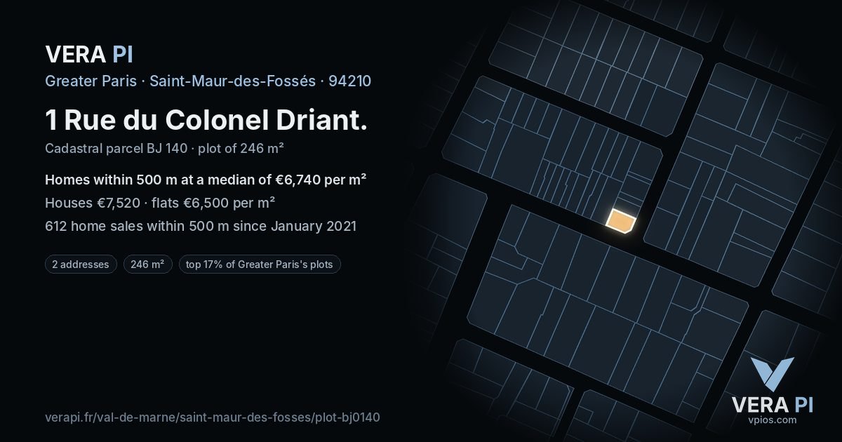 1 Rue du Colonel Driant, Saint-Maur-des-Fossés at night – the plot lit, the parcels around coloured by the prices near them