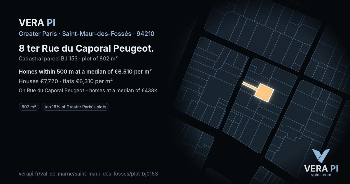 8 ter Rue du Caporal Peugeot, Saint-Maur-des-Fossés at night – the plot lit, the parcels around coloured by the prices near them