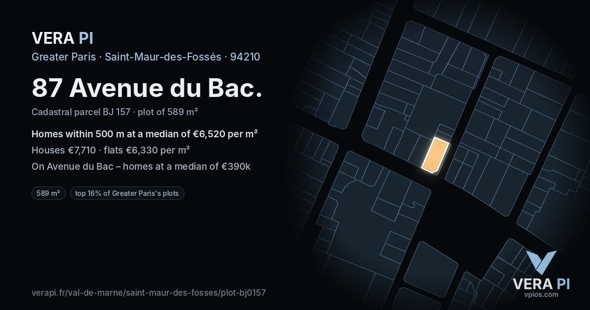 87 Avenue du Bac, Saint-Maur-des-Fossés at night – the plot lit, the parcels around coloured by the prices near them