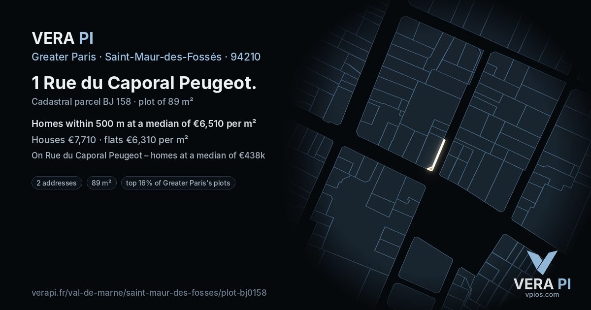 1 Rue du Caporal Peugeot, Saint-Maur-des-Fossés at night – the plot lit, the parcels around coloured by the prices near them