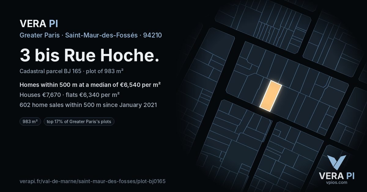 3 bis Rue Hoche, Saint-Maur-des-Fossés at night – the plot lit, the parcels around coloured by the prices near them