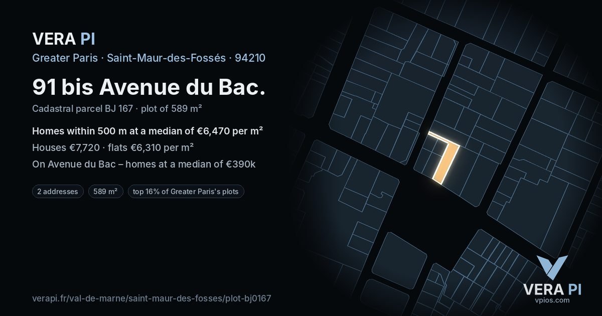 91 bis Avenue du Bac, Saint-Maur-des-Fossés at night – the plot lit, the parcels around coloured by the prices near them