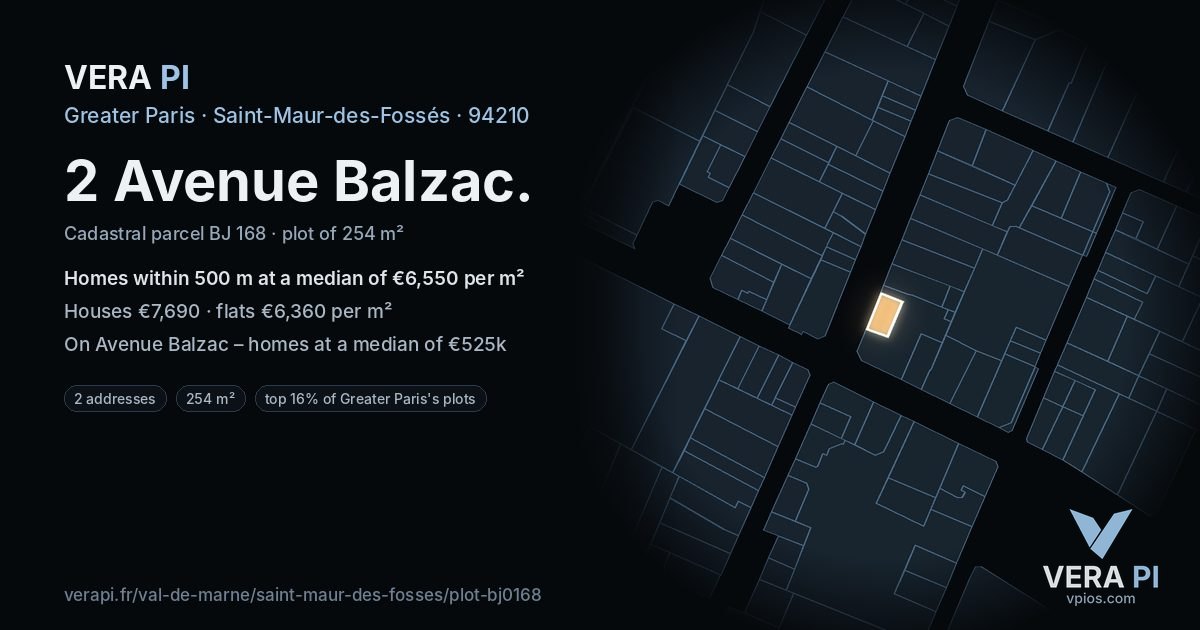 2 Avenue Balzac, Saint-Maur-des-Fossés at night – the plot lit, the parcels around coloured by the prices near them