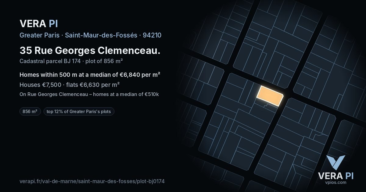 35 Rue Georges Clemenceau, Saint-Maur-des-Fossés at night – the plot lit, the parcels around coloured by the prices near them