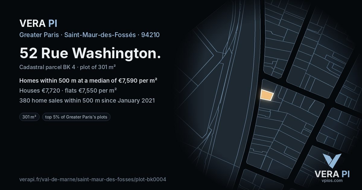 52 Rue Washington, Saint-Maur-des-Fossés at night – the plot lit, the parcels around coloured by the prices near them