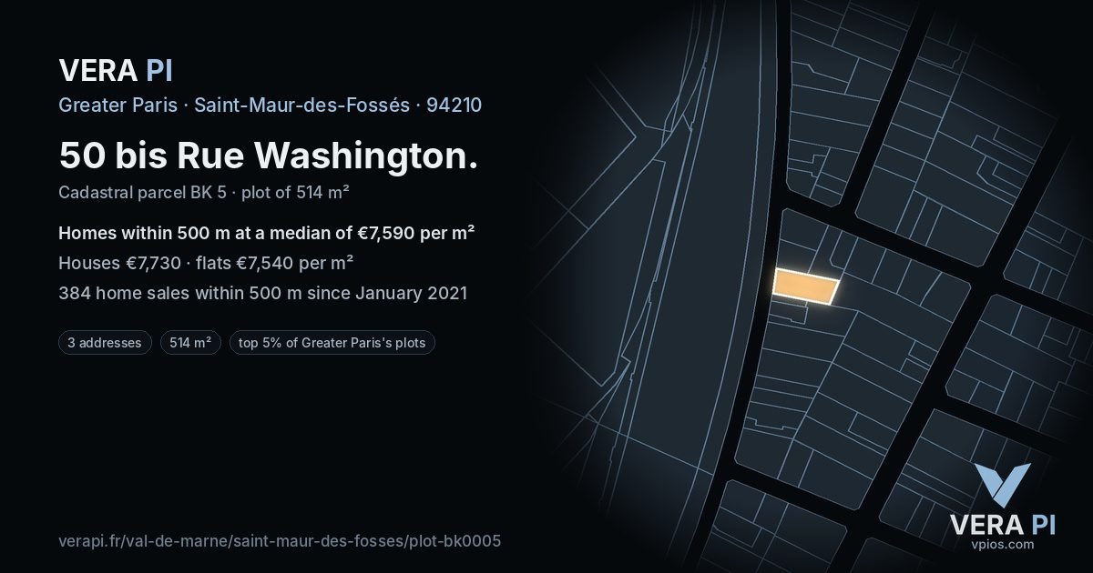 50 bis Rue Washington, Saint-Maur-des-Fossés at night – the plot lit, the parcels around coloured by the prices near them