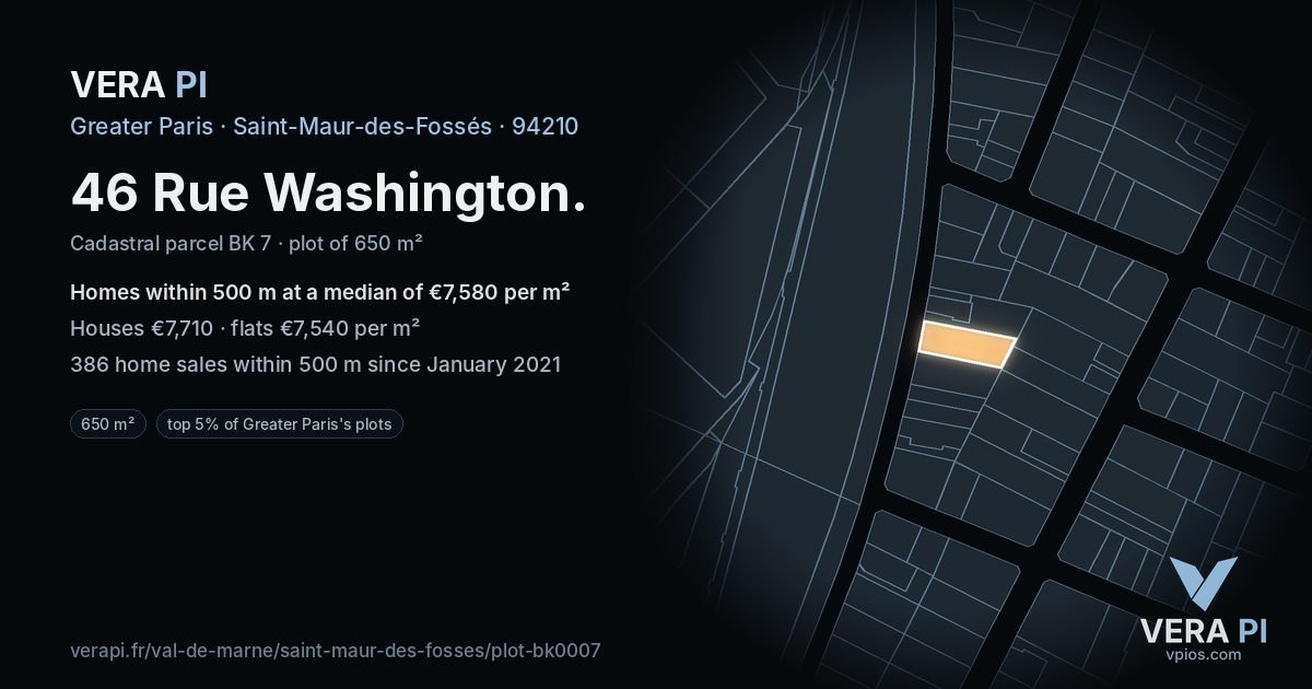 46 Rue Washington, Saint-Maur-des-Fossés at night – the plot lit, the parcels around coloured by the prices near them