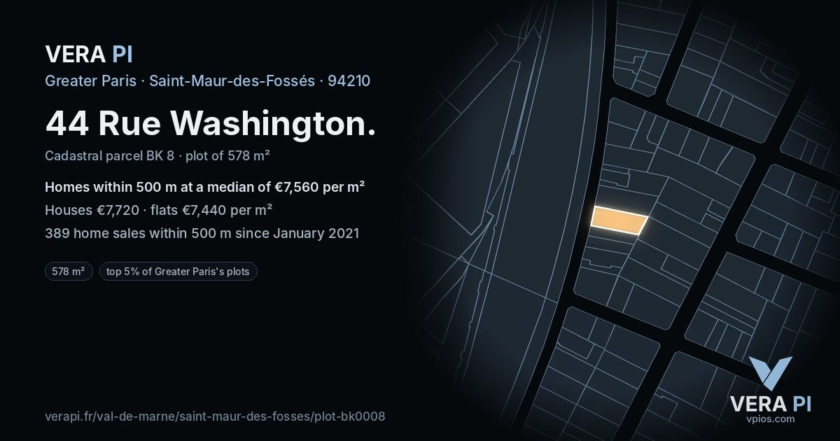 44 Rue Washington, Saint-Maur-des-Fossés at night – the plot lit, the parcels around coloured by the prices near them