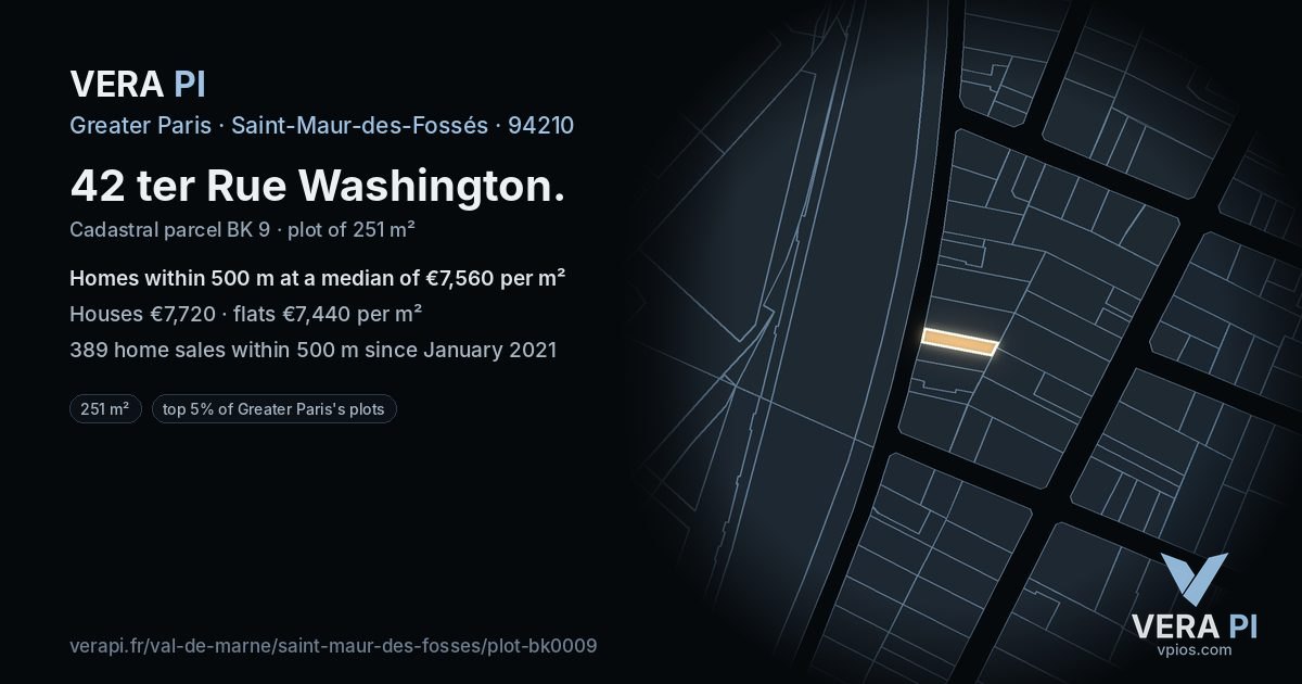 42 ter Rue Washington, Saint-Maur-des-Fossés at night – the plot lit, the parcels around coloured by the prices near them
