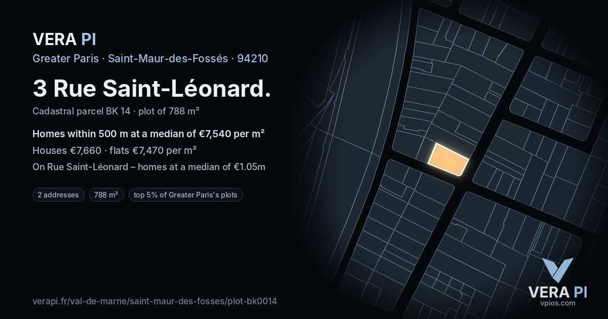3 Rue Saint-Léonard, Saint-Maur-des-Fossés at night – the plot lit, the parcels around coloured by the prices near them