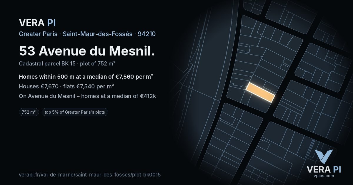 53 Avenue du Mesnil, Saint-Maur-des-Fossés at night – the plot lit, the parcels around coloured by the prices near them