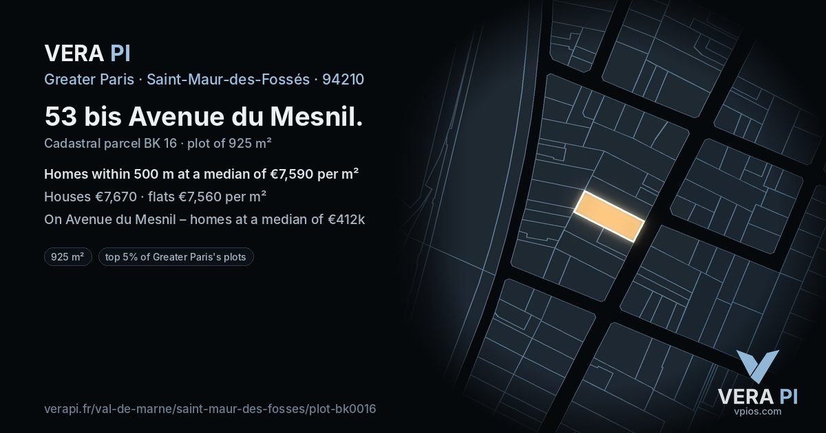 53 bis Avenue du Mesnil, Saint-Maur-des-Fossés at night – the plot lit, the parcels around coloured by the prices near them