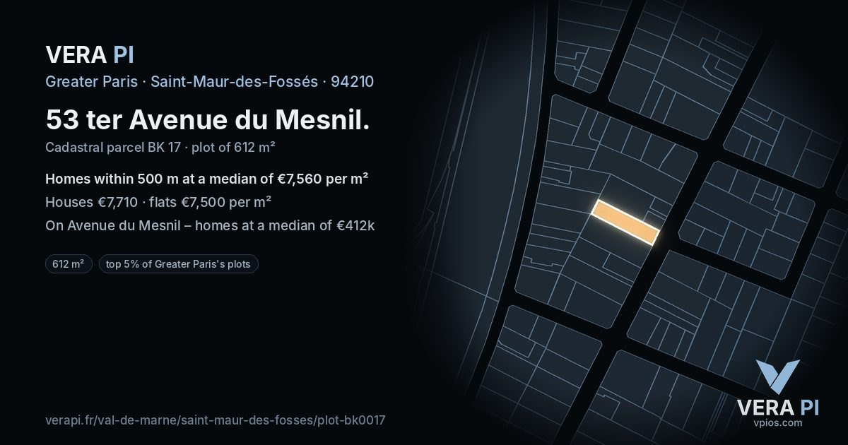53 ter Avenue du Mesnil, Saint-Maur-des-Fossés at night – the plot lit, the parcels around coloured by the prices near them
