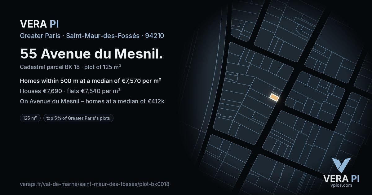 55 Avenue du Mesnil, Saint-Maur-des-Fossés at night – the plot lit, the parcels around coloured by the prices near them