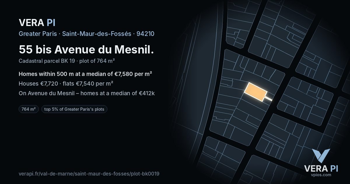 55 bis Avenue du Mesnil, Saint-Maur-des-Fossés at night – the plot lit, the parcels around coloured by the prices near them