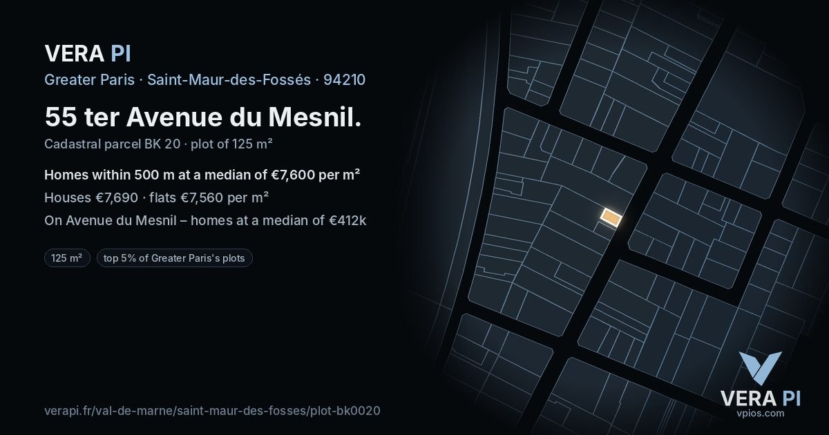 55 ter Avenue du Mesnil, Saint-Maur-des-Fossés at night – the plot lit, the parcels around coloured by the prices near them