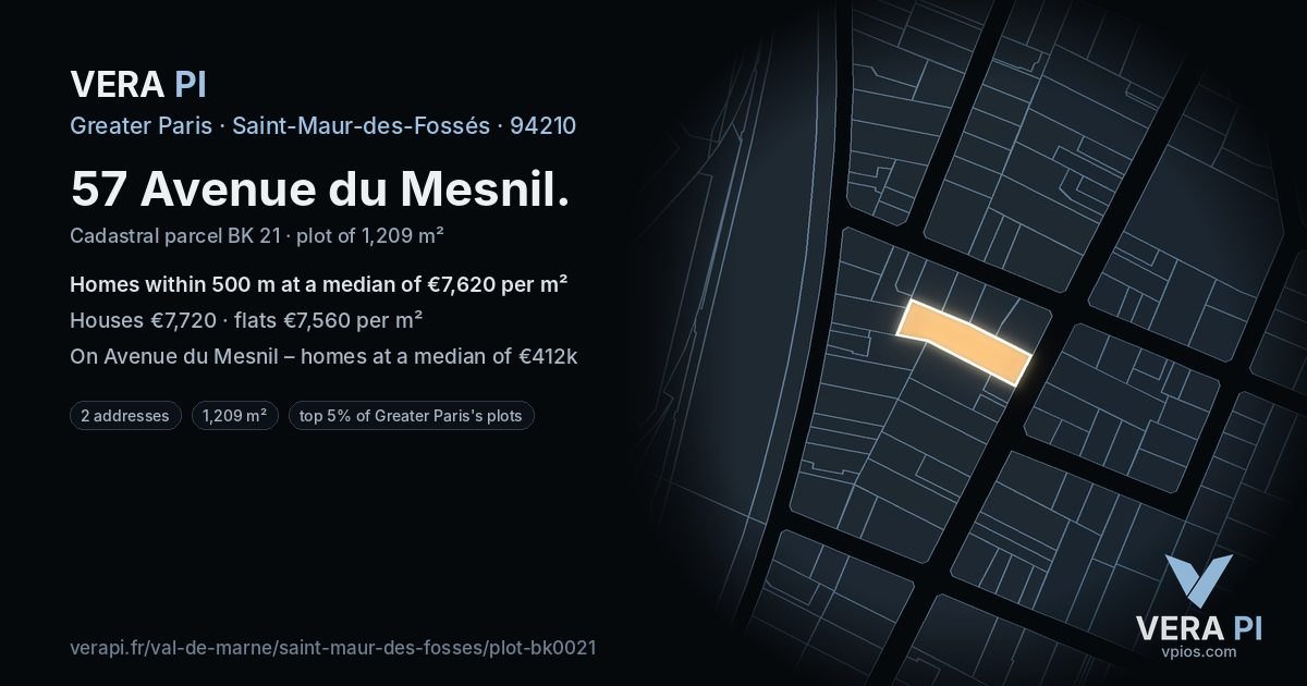 57 Avenue du Mesnil, Saint-Maur-des-Fossés at night – the plot lit, the parcels around coloured by the prices near them