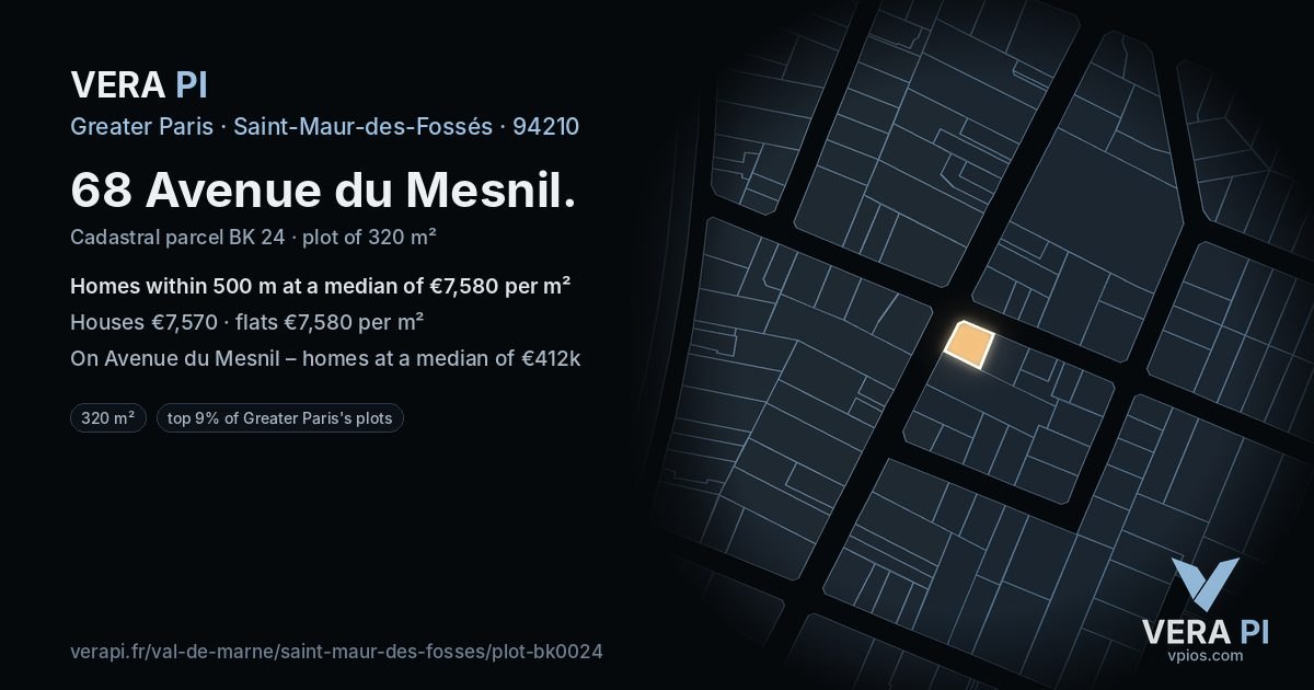 68 Avenue du Mesnil, Saint-Maur-des-Fossés at night – the plot lit, the parcels around coloured by the prices near them
