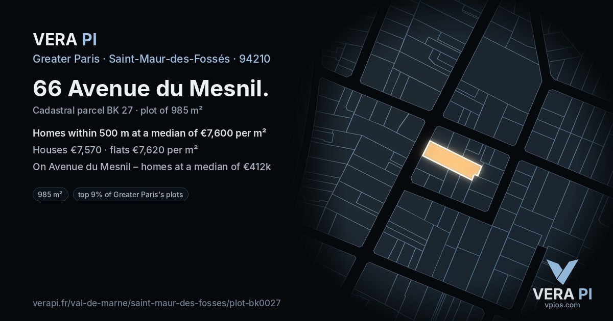 66 Avenue du Mesnil, Saint-Maur-des-Fossés at night – the plot lit, the parcels around coloured by the prices near them